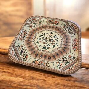 Vintage Collectible Daher Square Metal Decorative Serving Tray Birds Floral Flat